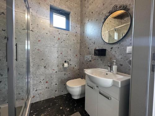 ein Badezimmer mit einem Waschbecken, einem WC und einem Spiegel in der Unterkunft Łap chwilę Ostrowo in Ostrowo