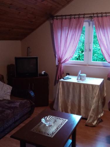 a living room with a table and a window at Vikendica Petkovic in Crvica