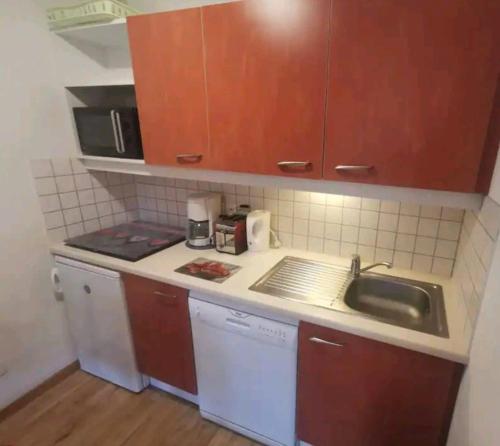 a small kitchen with a sink and a microwave at Le hameau des écrins in Narreyroux