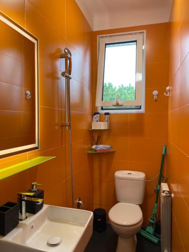 un bagno arancione con servizi igienici e finestra di Habitaciónes Privadas en Hendaye "Daniela", à 5 minutes de la gare d'Hendaye et Euskotren, Wi-Fi a Hendaye