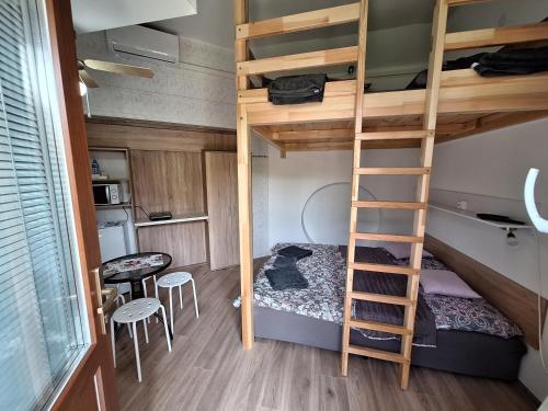 a small room with a bunk bed and a ladder at Vila ETIJA in Veľký Meder