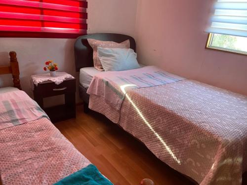 sypialnia z 2 łóżkami i oknem w obiekcie Cabañas Freirina w mieście Freirina