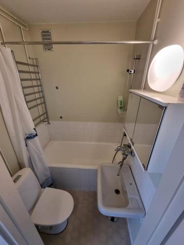 a bathroom with a white toilet and a sink at 6. kerroksen yksiö lähellä matkakeskusta. in Lappeenranta