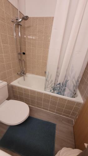 a bathroom with a toilet and a tub and a shower at Ferienwohnung an der Prodalp Talstation in Flumserberg