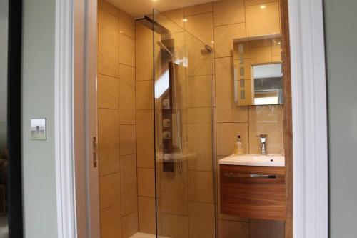 uma casa de banho com um chuveiro e um lavatório. em Boutique double room with countryside views em Wilby