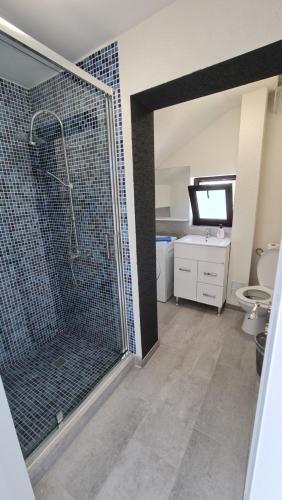 uma casa de banho com um chuveiro, um lavatório e um WC. em Pomiculturii Residence 8 em Timisoara