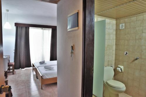 a bathroom with a toilet and a bed in a room at Telhinis Hotel & Apartments in Faliraki