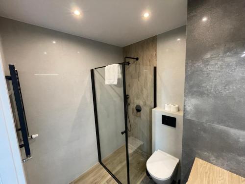 a bathroom with a shower and a toilet at Zaspa VVita Sea View Apartment in Gdańsk