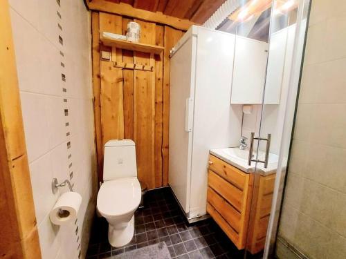 a small bathroom with a toilet and a sink at Ruka Monokolo, log apartment in Eastern Ruka in Kuusamo
