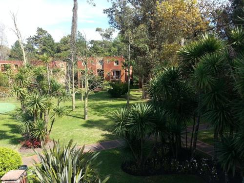 a garden with palm trees and a building in the background at Rincon del Este Resort in Punta del Este