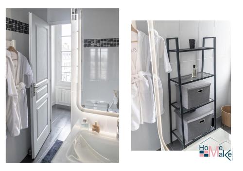 2 fotos de un baño con lavabo y espejo en L'essence du cachet, en Saint-Germain-en-Laye