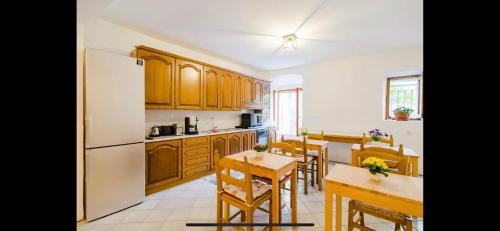 una cucina con frigorifero bianco e armadietti in legno di Residenza Matilde a Fiumefreddo Bruzio