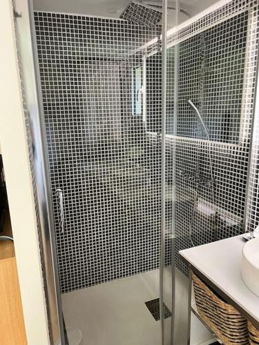 une salle de bain avec une douche en verre avec un lavabo dans l'établissement Appartement Centre ville Menton, à Menton