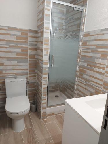 une salle de bain avec toilettes et douche dans l'établissement T2 4 pers, rénové en bord de plage , clim et parking classé 2 étoiles, à Sète