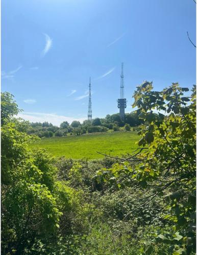 a green field with two windmills in the distance at Entire 2 bedroom house. in Rowley Regis