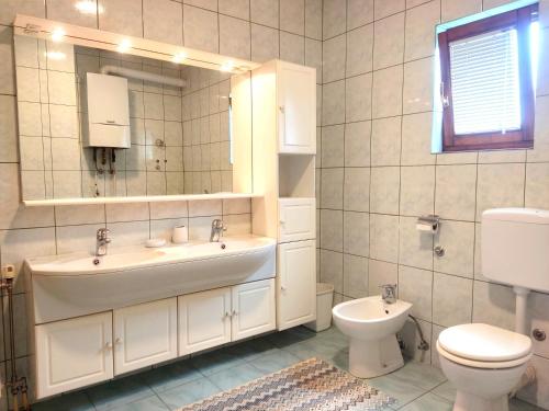 a bathroom with a sink and a toilet and a mirror at Vila Gardenia in Sarajevo