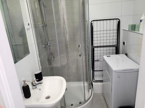 a bathroom with a shower and a sink and a toilet at Szczecin Centrum 3 in Szczecin