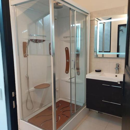 une salle de bain avec une douche en verre et un lavabo dans l'établissement Mon Ventoux, à Modène