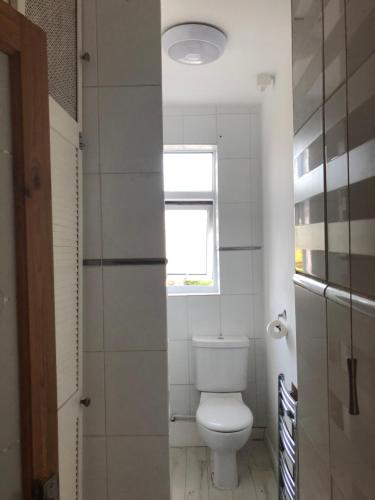 ein Badezimmer mit Toilette und Fenster in der Unterkunft Hilltop Cottage in Renishaw