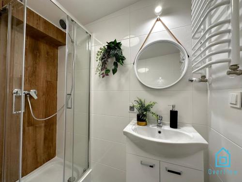 a bathroom with a sink and a shower and a mirror at Dali Room in Gdańsk