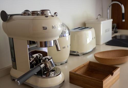 a kitchen counter with a mixer and a wooden box at Terrabona Nature & Vineyards in Boaventura