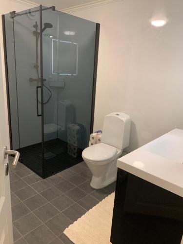 a bathroom with a toilet and a glass shower at Reistad Ranch in Hidra