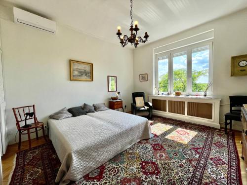 a bedroom with a bed and a window at Villa with terrace overlooking the city park in Budapest