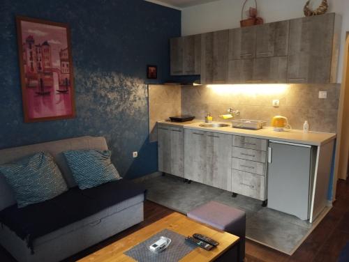 a living room with a couch and a kitchen at Apartman Tatjana in Novi Sad