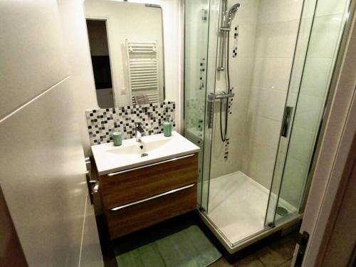 ein Bad mit einem Waschbecken und einer Dusche in der Unterkunft Appart Poissy, proche Paris / confortable et cosy in Poissy