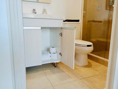 a bathroom with a toilet and a sink and a shower at Romulo OFarril 2parking-3BR-2BA in Mexico City