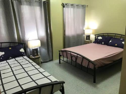 2 camas en una habitación con paredes verdes en Rainiers Private Resort House with 2 rooms 
