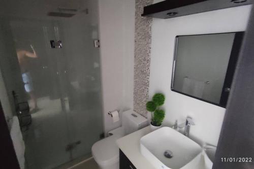 een badkamer met een wastafel, een toilet en een douche bij Departamento Playero Fountaine Bleau Frente al Mar Tonsupa in Tonsupa