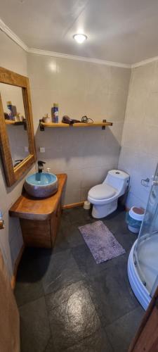 een badkamer met een wastafel, een toilet en een bad bij Domos Curiñanco vista al mar in Valdivia