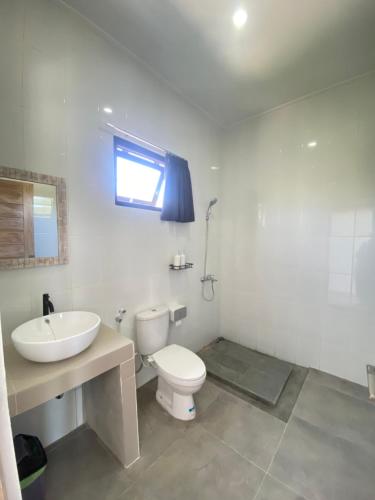 a bathroom with a white toilet and a sink at Batur Pyramid Guesthouse in Kintamani