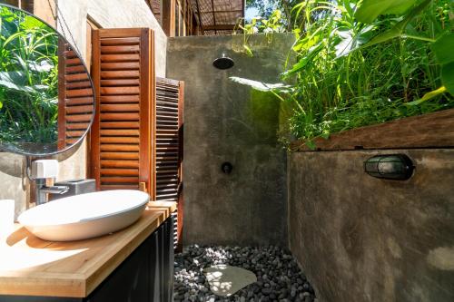 a bathroom with a sink and a shower with plants at The Rampage House in Silebeng