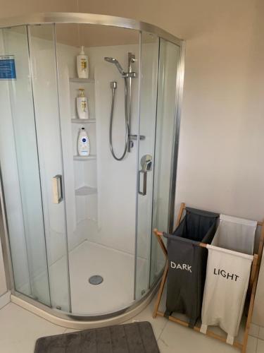 een badkamer met een glazen douchecabine bij KG Studio in Palmerston North
