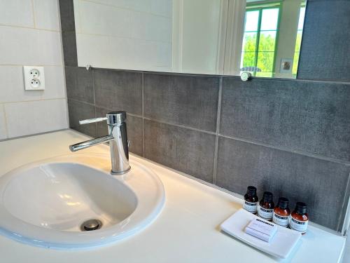 a bathroom with a sink with three bottles of syrup at Villa Vallière bed&breakfast in Vallières