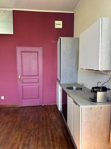 a kitchen with a pink door and a counter at Villa Vallière bed&breakfast in Vallières