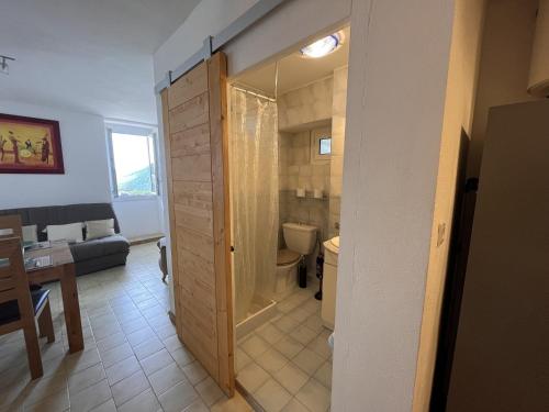een badkamer met een douche en een toilet in een kamer bij Maison En Pierre Dans Village Calme in Monacia-dʼAullène