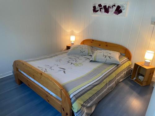 een slaapkamer met een houten bed met 2 kussens bij À 900 M de l'entrée du Circuit des 24 heures in Le Mans