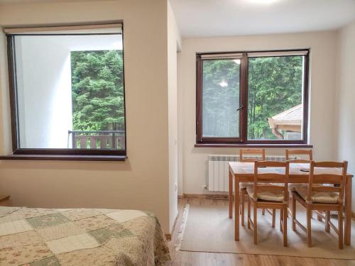 ボロヴェッツにあるStudio A10 Borovets gardensのベッドルーム1室(テーブル、椅子、窓2つ付)
