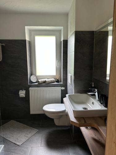 a bathroom with a sink and a toilet and a window at Ferienwohnungen LODGE-B in Weissenbach am Lech