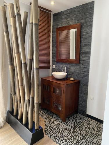 La salle de bains est pourvue d'un lavabo et d'une commode en bois. dans l'établissement Villa avec piscine chauffée proche plage Océane, à Le Temple