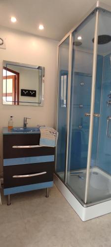 La salle de bains est pourvue d'une douche en verre et d'un lavabo. dans l'établissement Sur la route des châteaux du Médoc, à Blanquefort