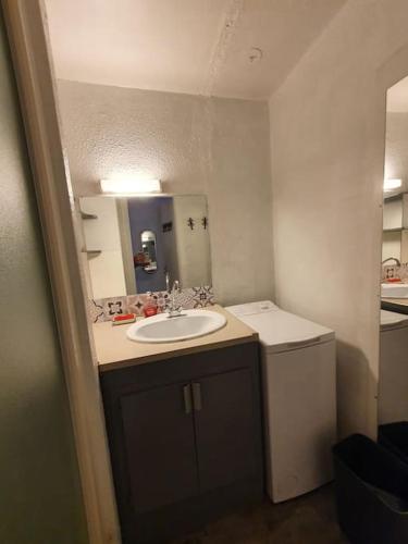 une salle de bain avec un lavabo et un miroir dans l'établissement Le lagon bleu, au Grau-du-Roi