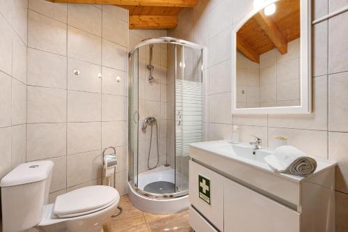 een badkamer met een douche, een toilet en een wastafel bij Refúgio dos Pais in Bordeira