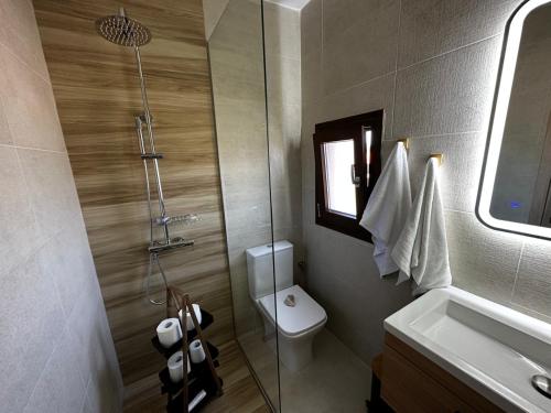 een badkamer met een douche, een toilet en een wastafel bij Limoncello Villas in Vourvourou