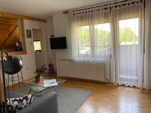 a living room with a couch and two large windows at Apartmani Gruzdovo in Delnice