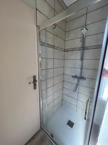 a bathroom with a shower with a glass door at Blum in Brive-la-Gaillarde