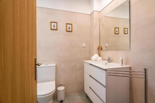 ein Badezimmer mit einem WC, einem Waschbecken und einem Spiegel in der Unterkunft Sun Deck Studio Albufeira Jardim in Albufeira